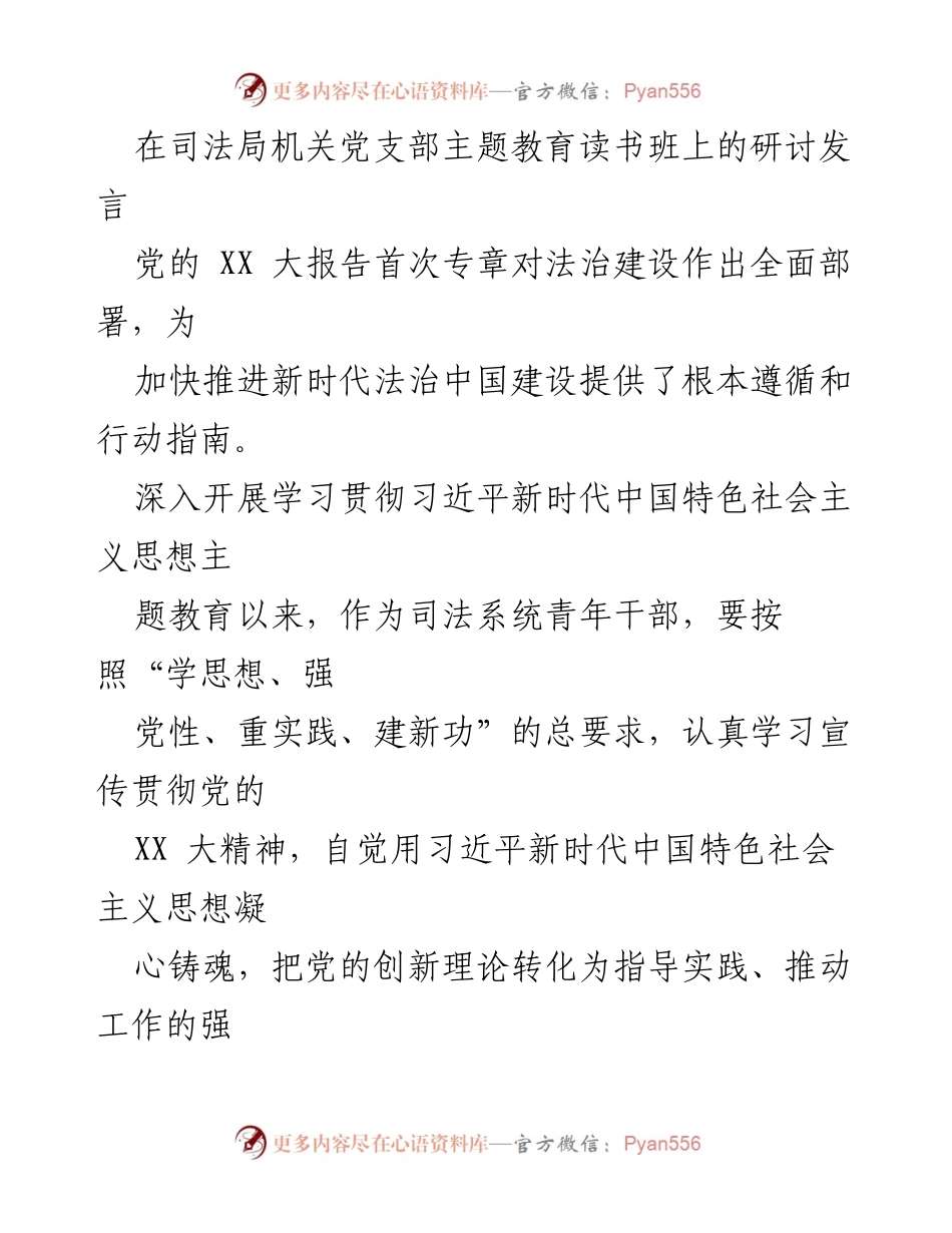 [发言] 司法局机关党支部主题教育读书班 - 青年干部在新时代法治建设中的使命与担当.docx_第1页