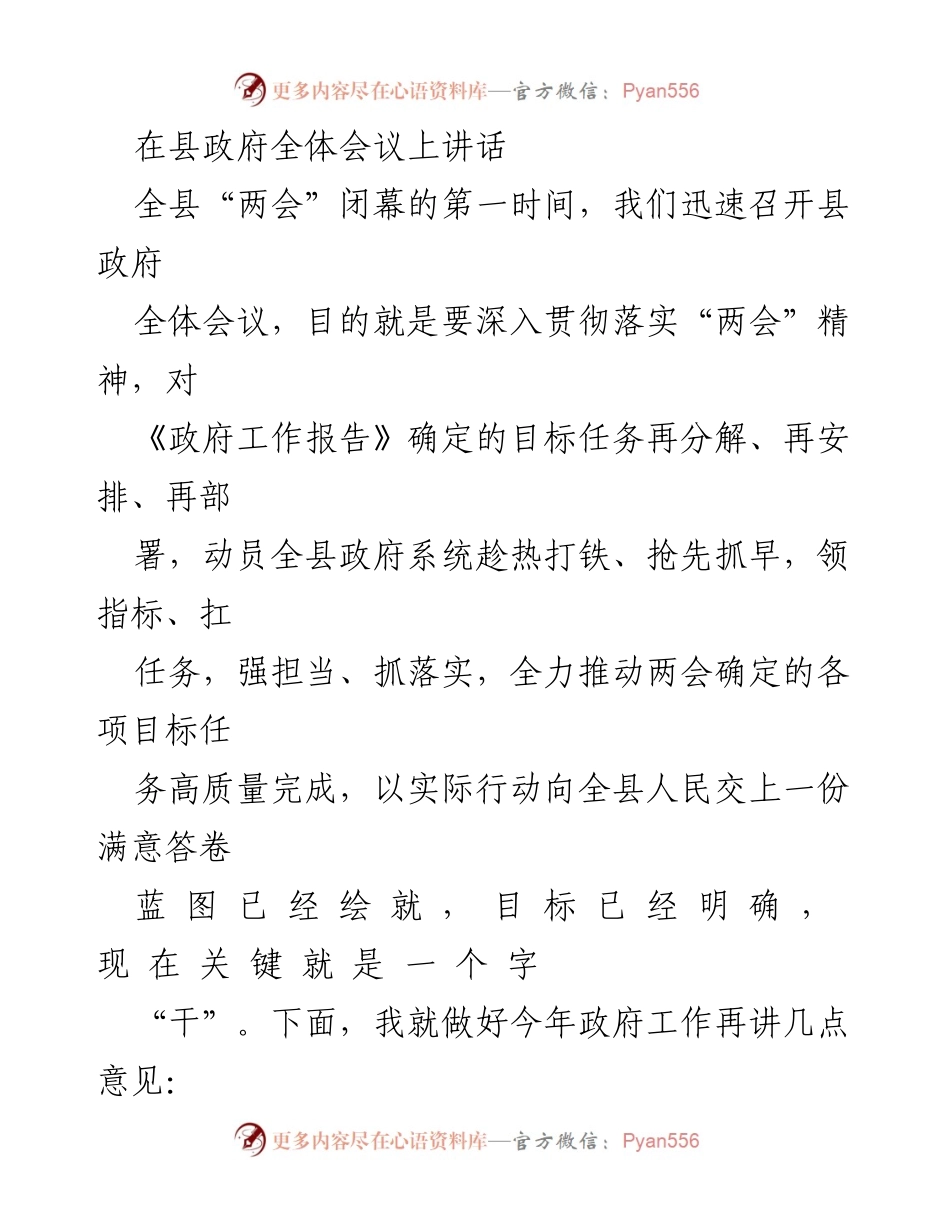 [发言] 县政府全体会议 - 深入贯彻落实“两会”精神，推动政府工作高质量完成_1.docx_第1页
