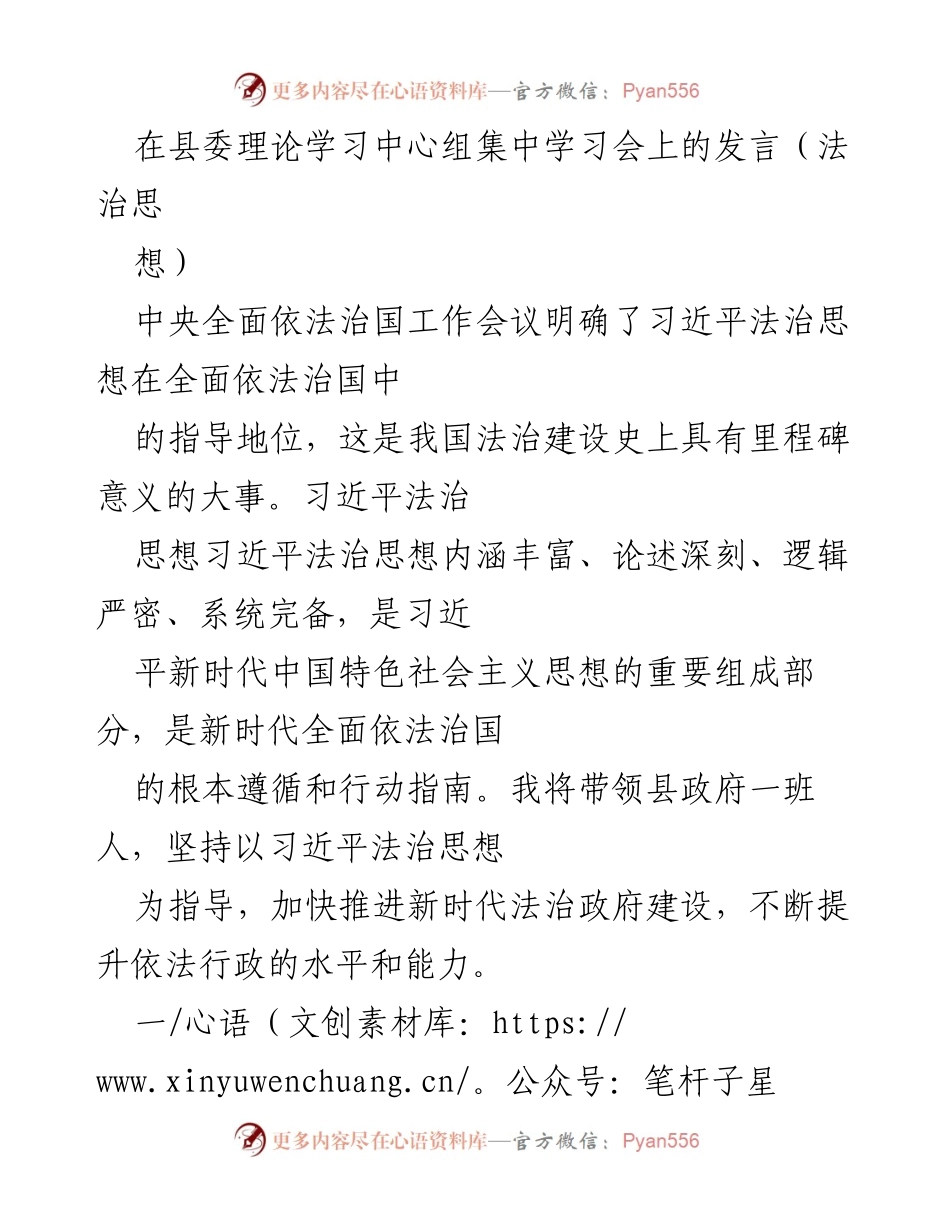 [发言] 县委理论学习中心组集中学习会 - 深入学习习近平法治思想 加快法治政府建设.docx_第1页