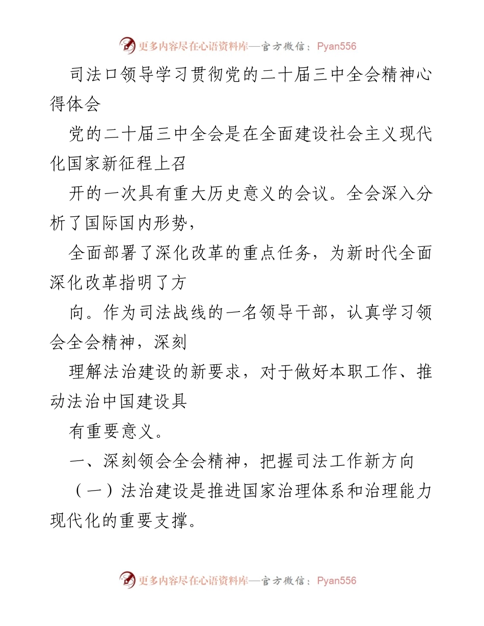 [发言] 司法口领导学习会 - 深入领会党的二十届三中全会精神，推动法治建设新发展.docx_第1页