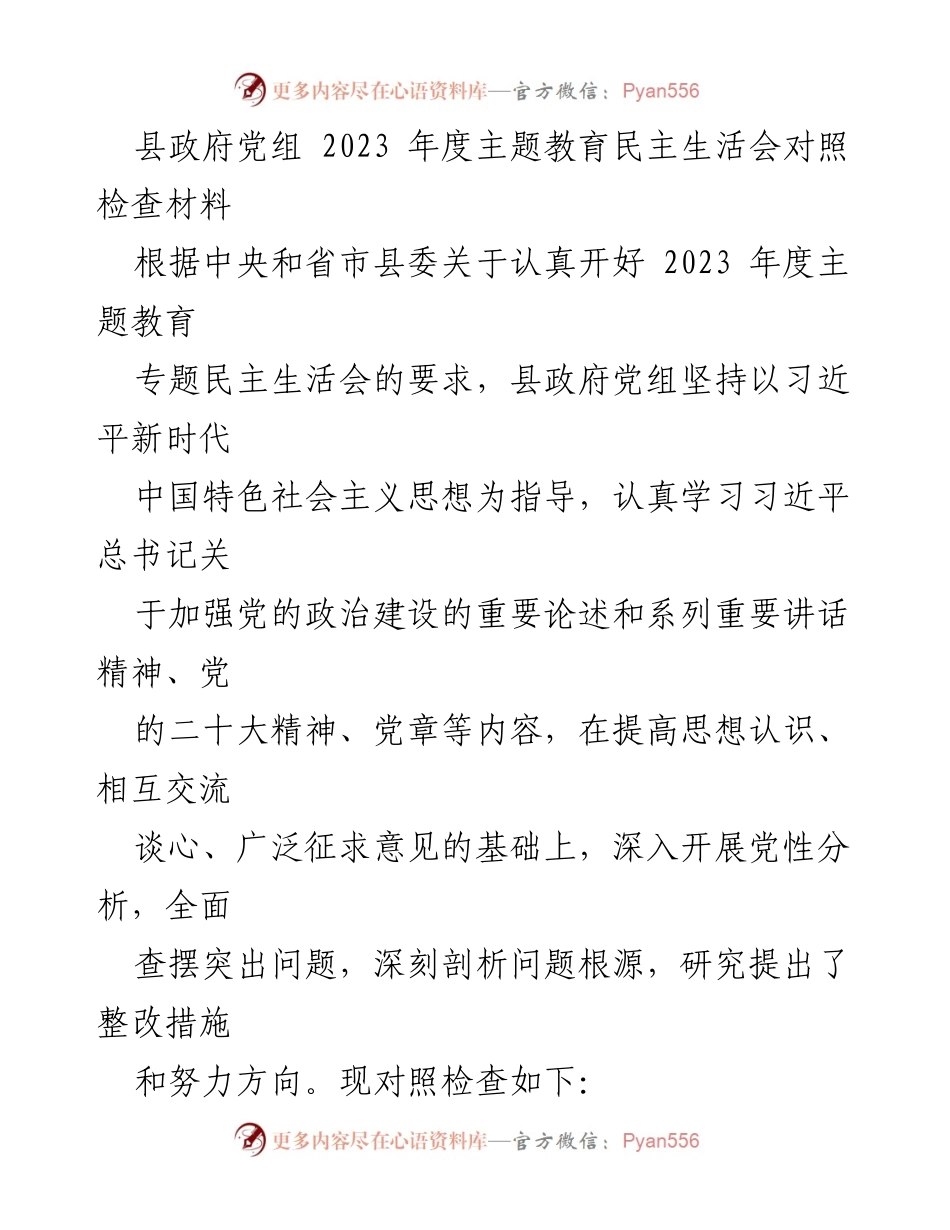 [发言] 县政府党组年度主题教育民主生活会 - 2023年度主题教育民主生活会对照检查材料.docx_第1页