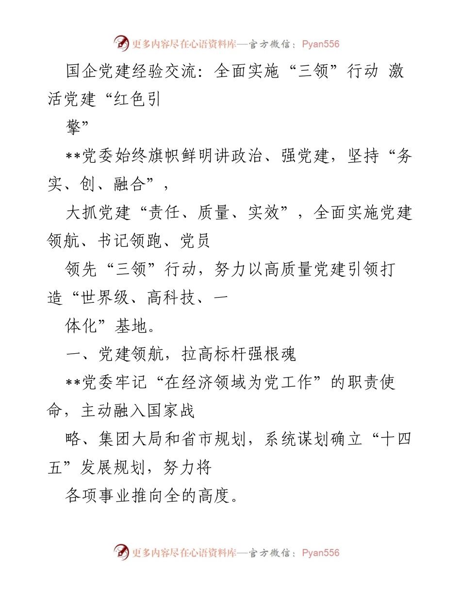 [发言] 国企党建经验交流会 - 激活党建“红色引擎”：全面实施“三领”行动的实践与思考.docx_第1页