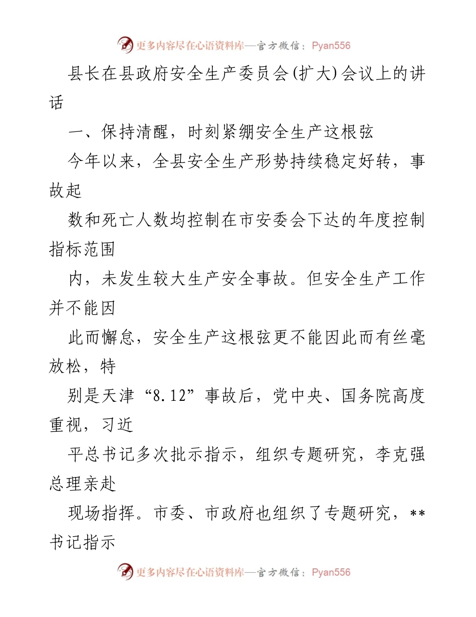 [发言] 县政府安全生产委员会(扩大)会议 - 强化安全生产意识，坚决整治隐患.docx_第1页