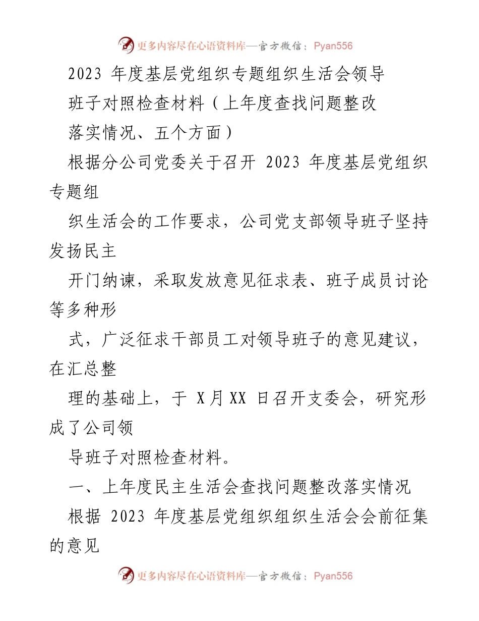 [发言] 基层党组织专题组织生活会 - 2023年度基层党组织领导班子对照检查与整改措施总结.docx_第1页