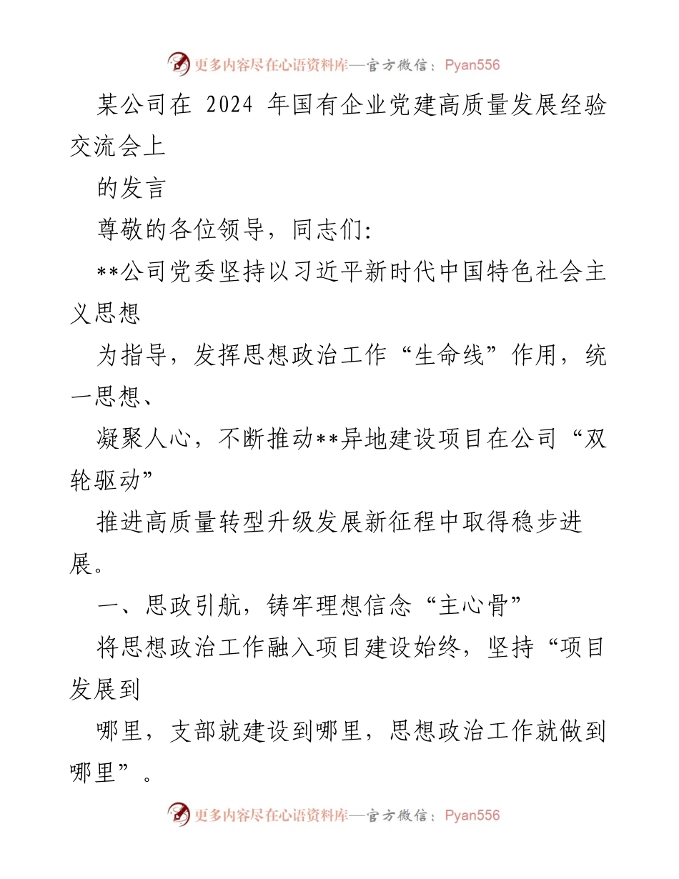 [发言] 国有企业党建高质量发展经验交流会 - 坚持思政引航，推动项目高质量发展.docx_第1页