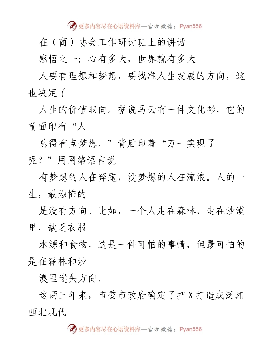 [发言] 商协会工作研讨班 - 追求理想与发展方向的重要性.docx_第1页