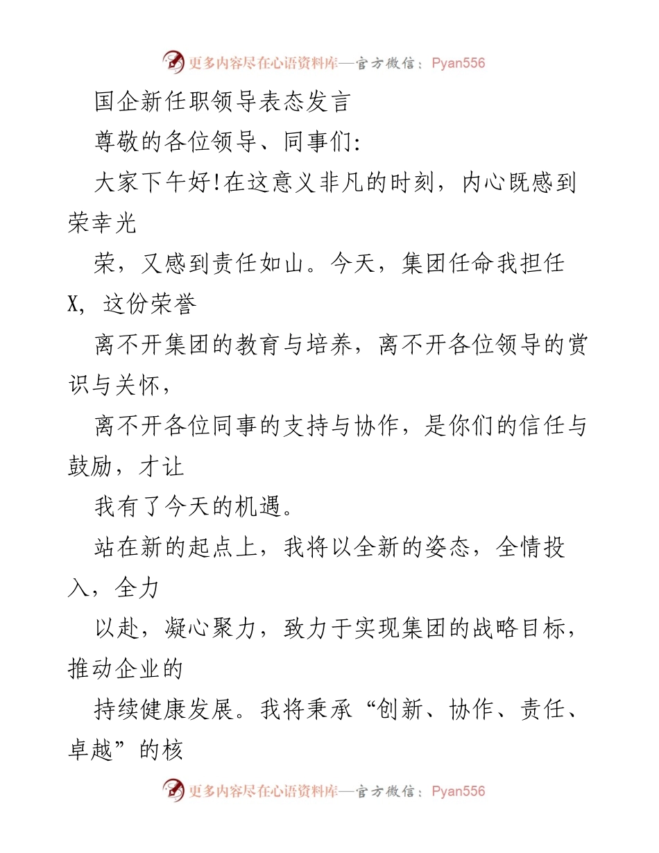 [发言] 国企领导任职仪式 - 新任领导的责任与承诺.docx_第1页