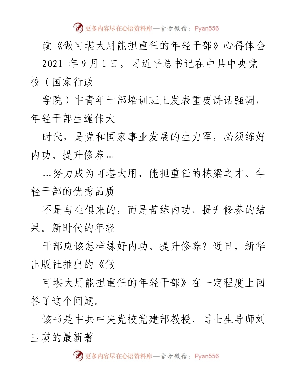 [发言] 培训班 - 年轻干部的成长与责任：从《做可堪大用能担重任的年轻干部》谈起.docx_第1页