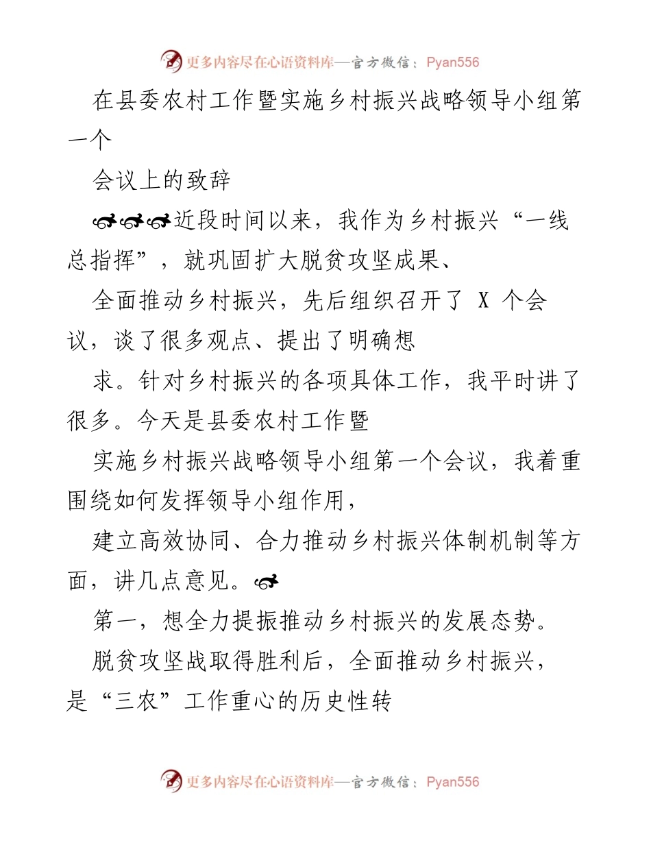 [发言] 县委农村工作会议 - 加快推动乡村振兴战略的实施与协同机制建设.docx_第1页