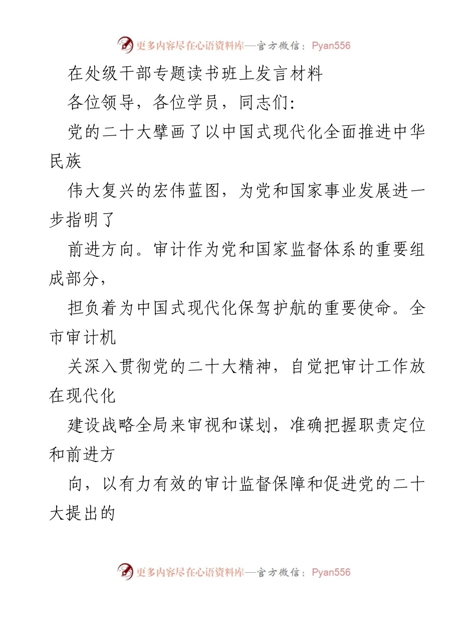 [发言] 处级干部专题读书班 - 审计工作助力中国式现代化的实践与体会.docx_第1页