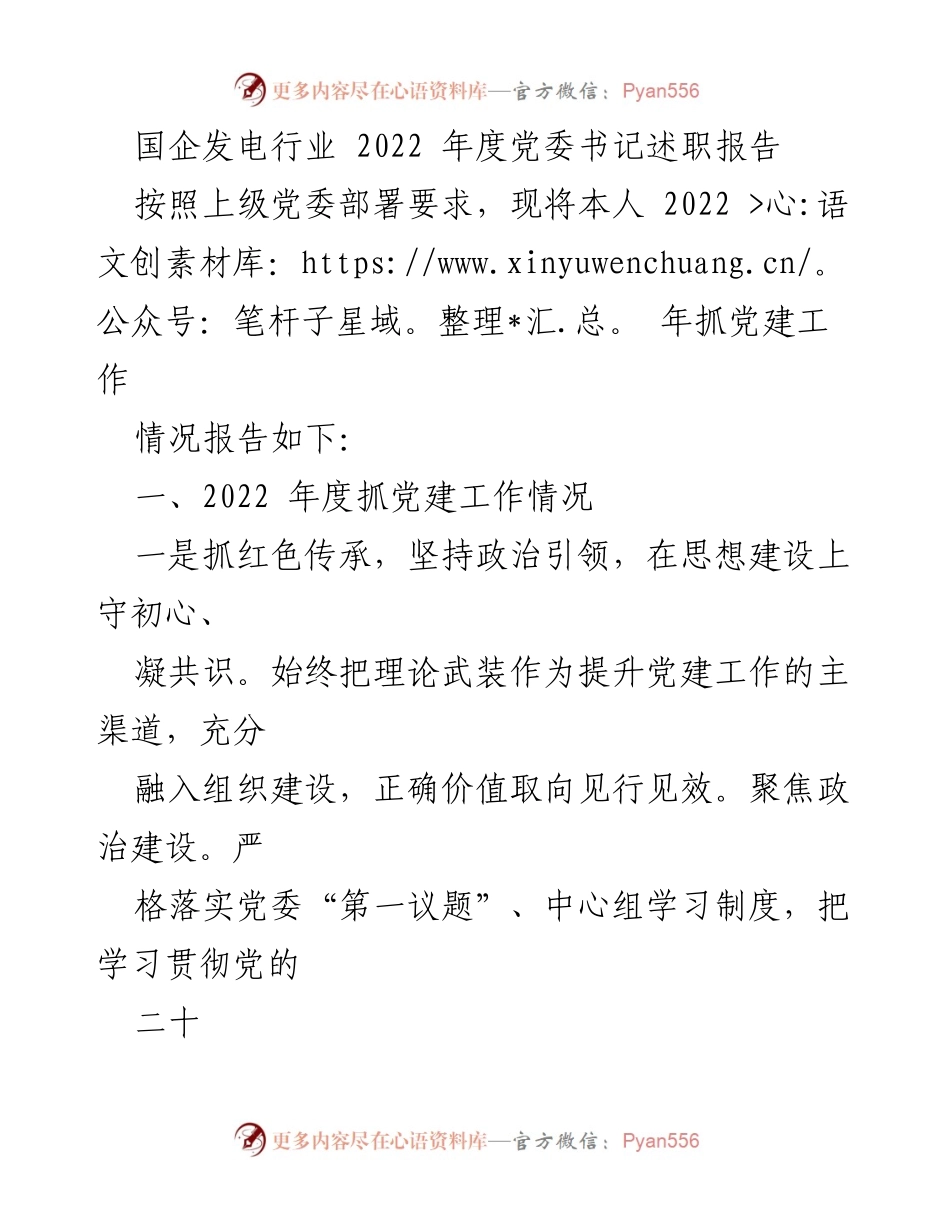 [发言] 国企发电行业党委工作 - 2022年度党建工作述职报告.docx_第1页