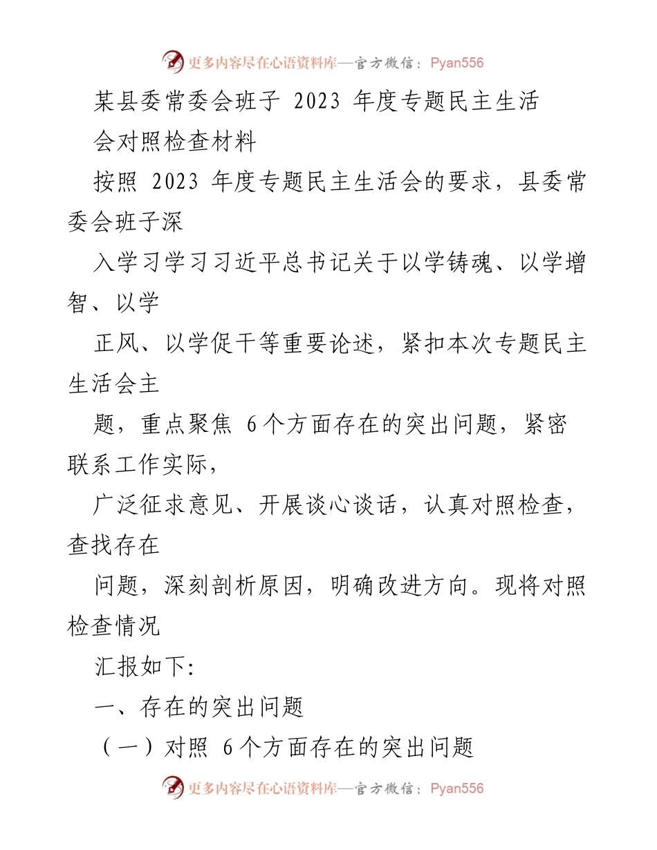 [发言] 县委常委会班子 - 2023年度专题民主生活会对照检查汇报.docx_第1页