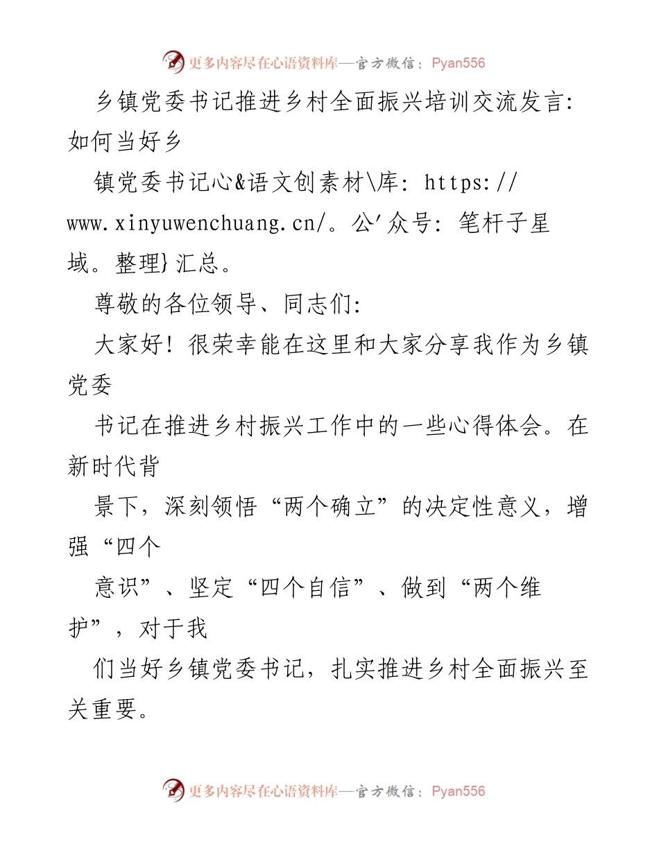 [发言] 培训交流会 - 如何当好乡镇党委书记推进乡村全面振兴.docx_第1页