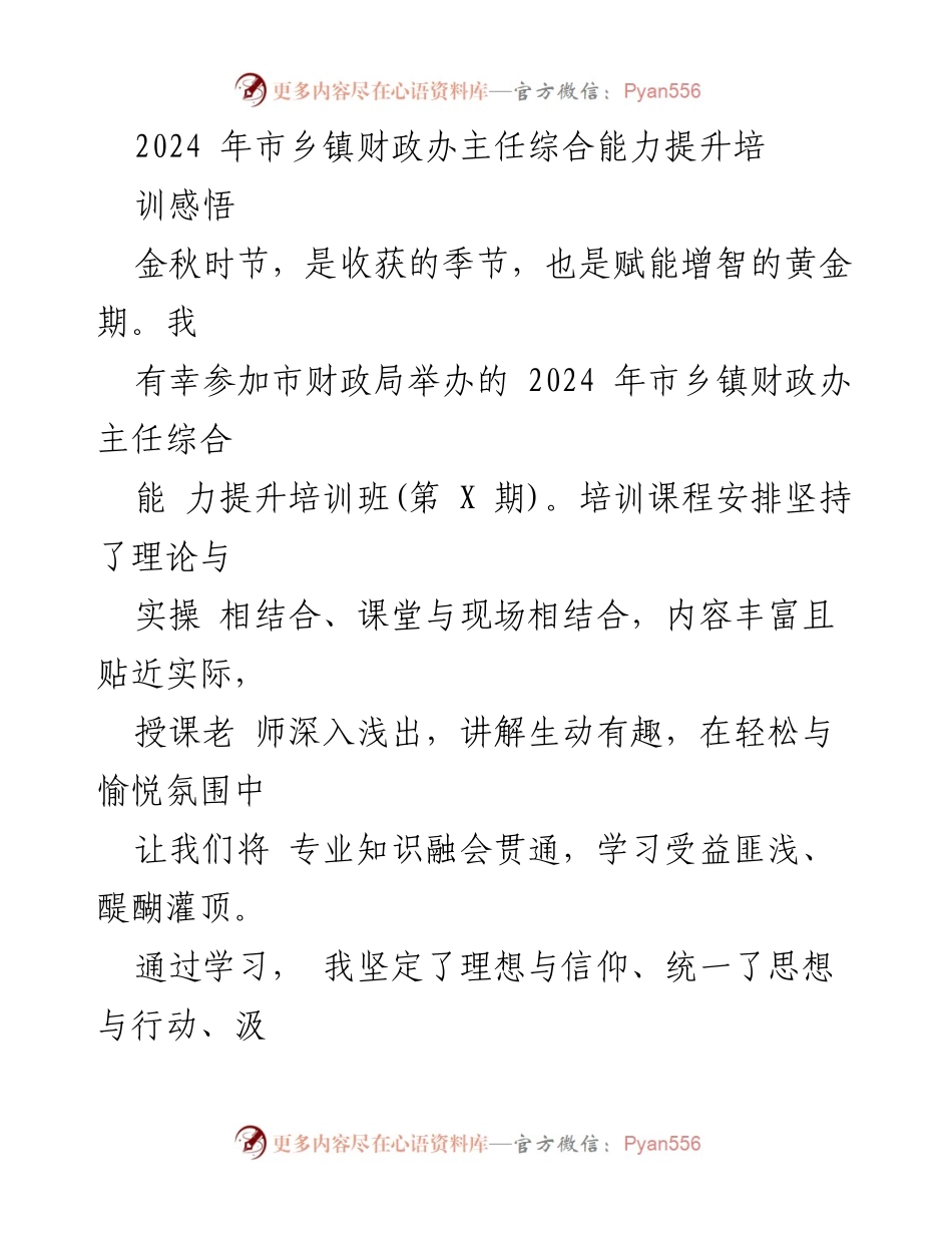 [发言] 培训分享 - 2024年市乡镇财政办主任综合能力提升培训心得.docx_第1页
