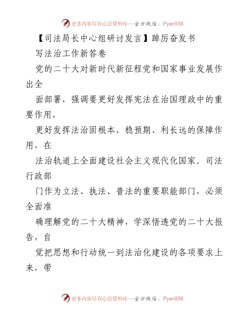 [发言] 司法局中心组研讨 - 深入学习贯彻党的二十大精神，推动法治建设新进展.docx_第1页