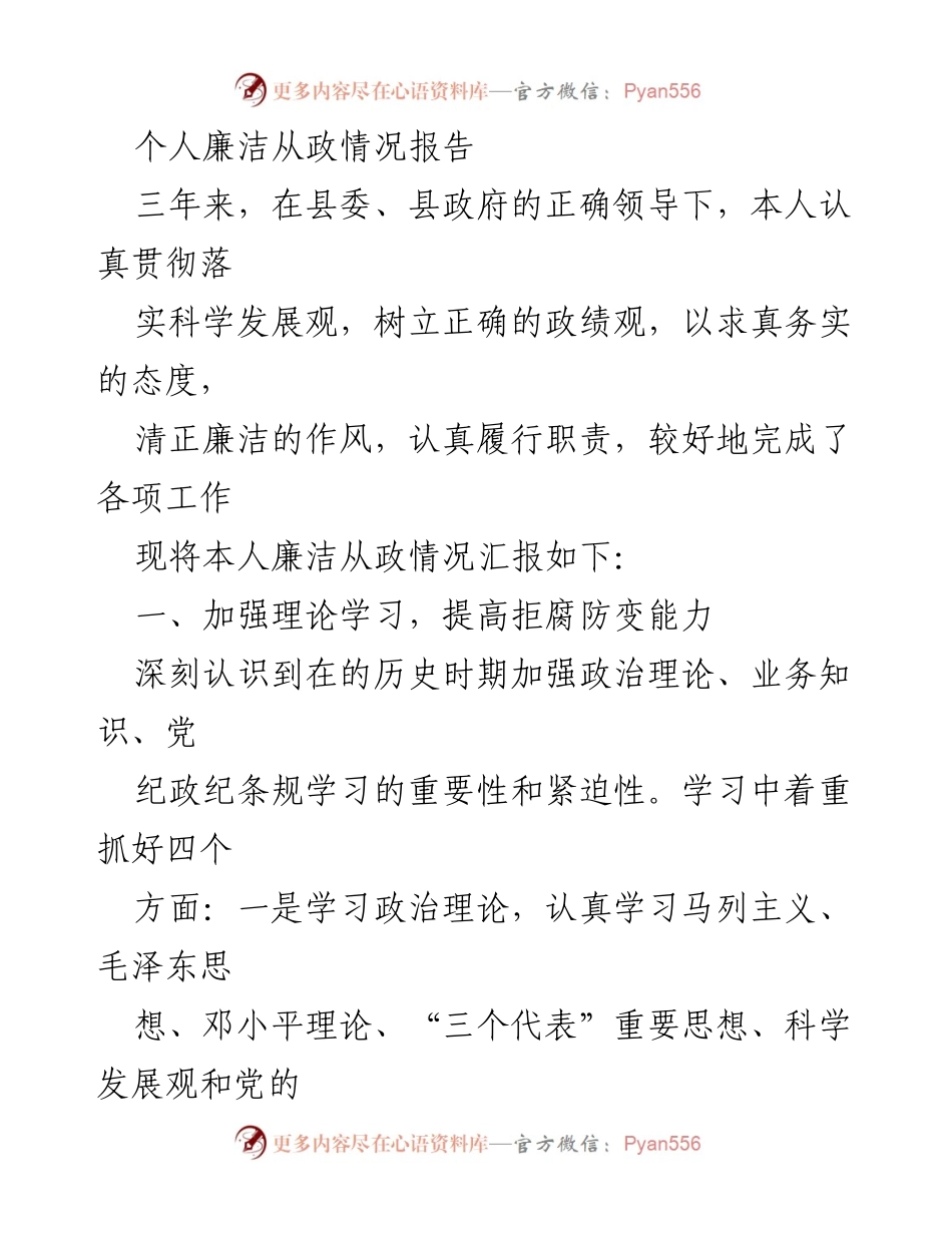 [发言] 县政府廉政工作会议 - 个人廉洁从政情况汇报.docx_第1页