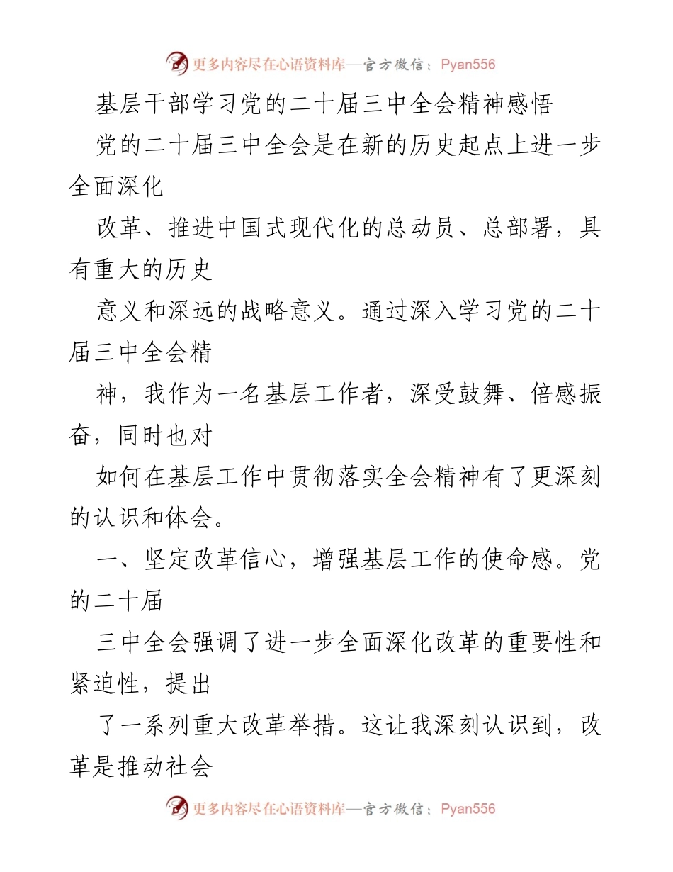 [发言] 基层干部学习会 - 深入学习党的二十届三中全会精神的体会与实践.docx_第1页