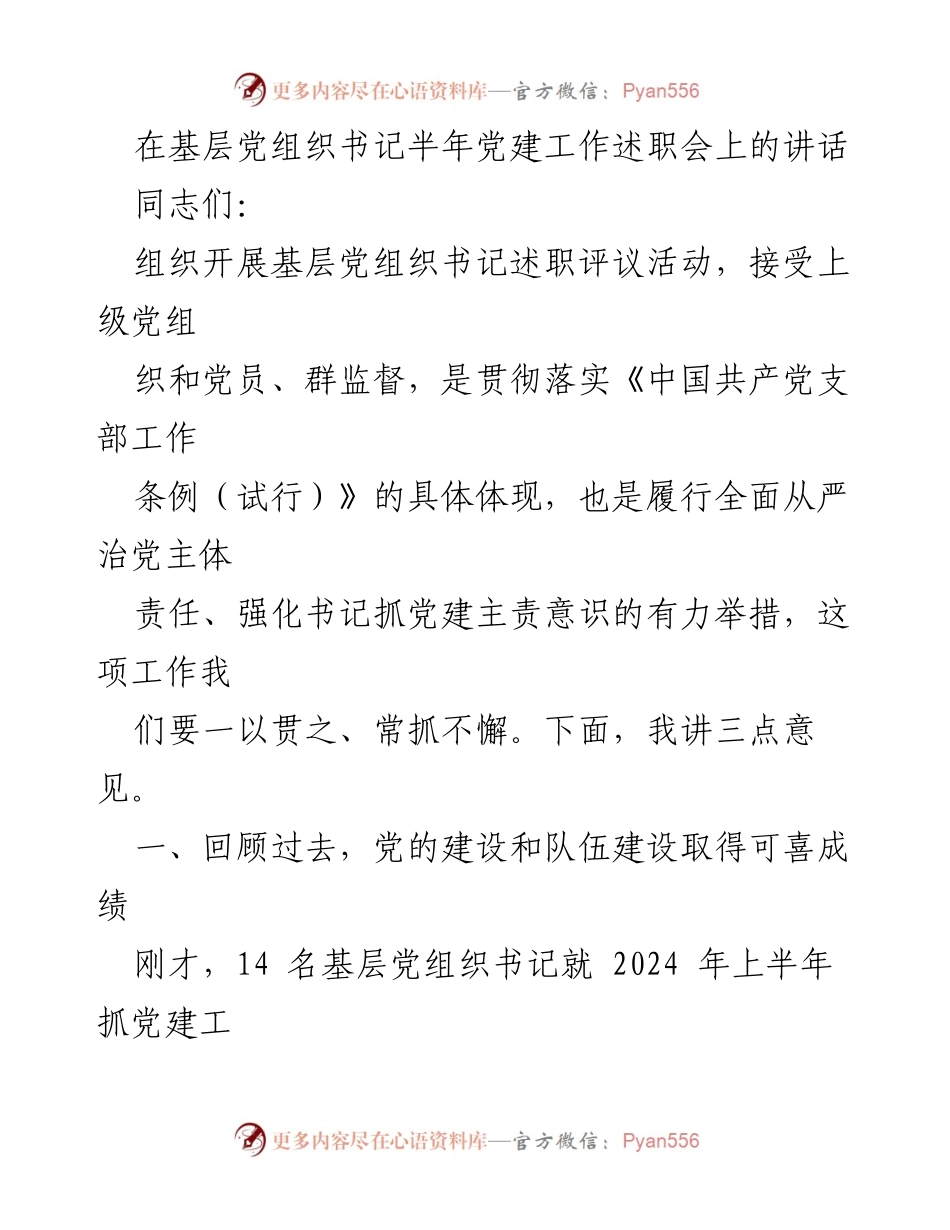 [发言] 基层党组织书记半年党建工作述职会 - 强化党建责任，回顾成绩与反思不足.docx_第1页