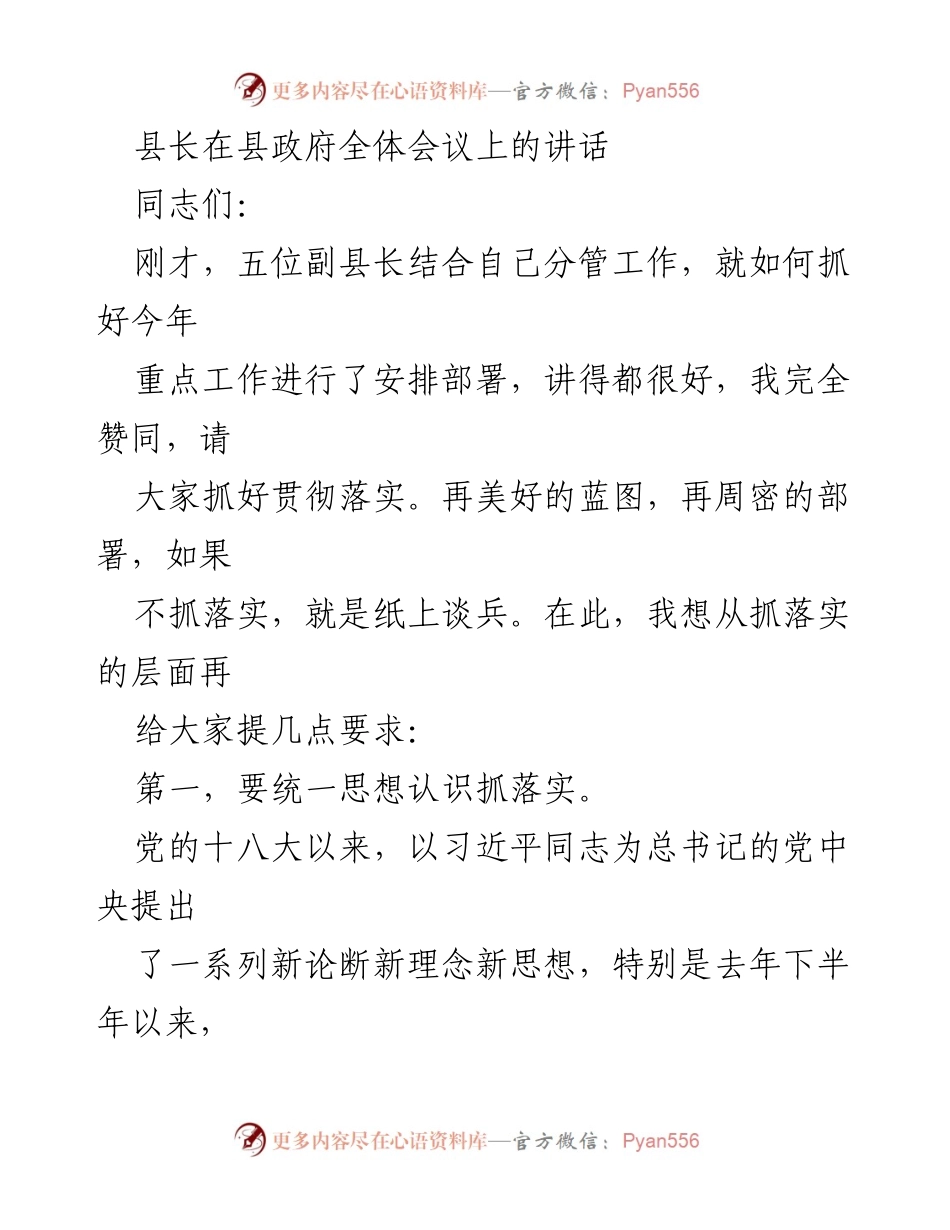[发言] 县政府全体会议 - 县长讲话：抓落实，推动经济社会发展新局面.docx_第1页