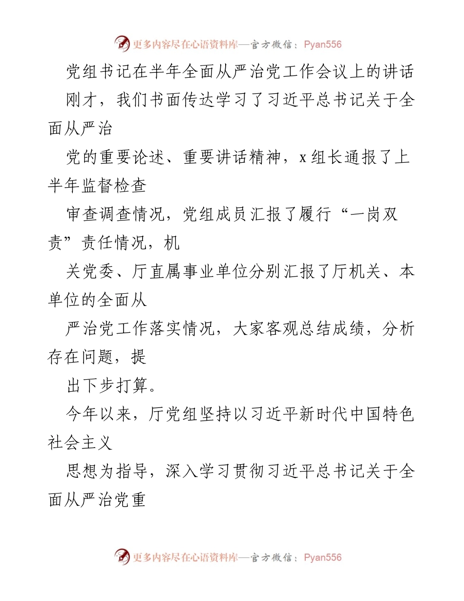 [发言] 半年全面从严治党工作会议 - 党组书记讲话：总结与展望全面从严治党的新进展.docx_第1页