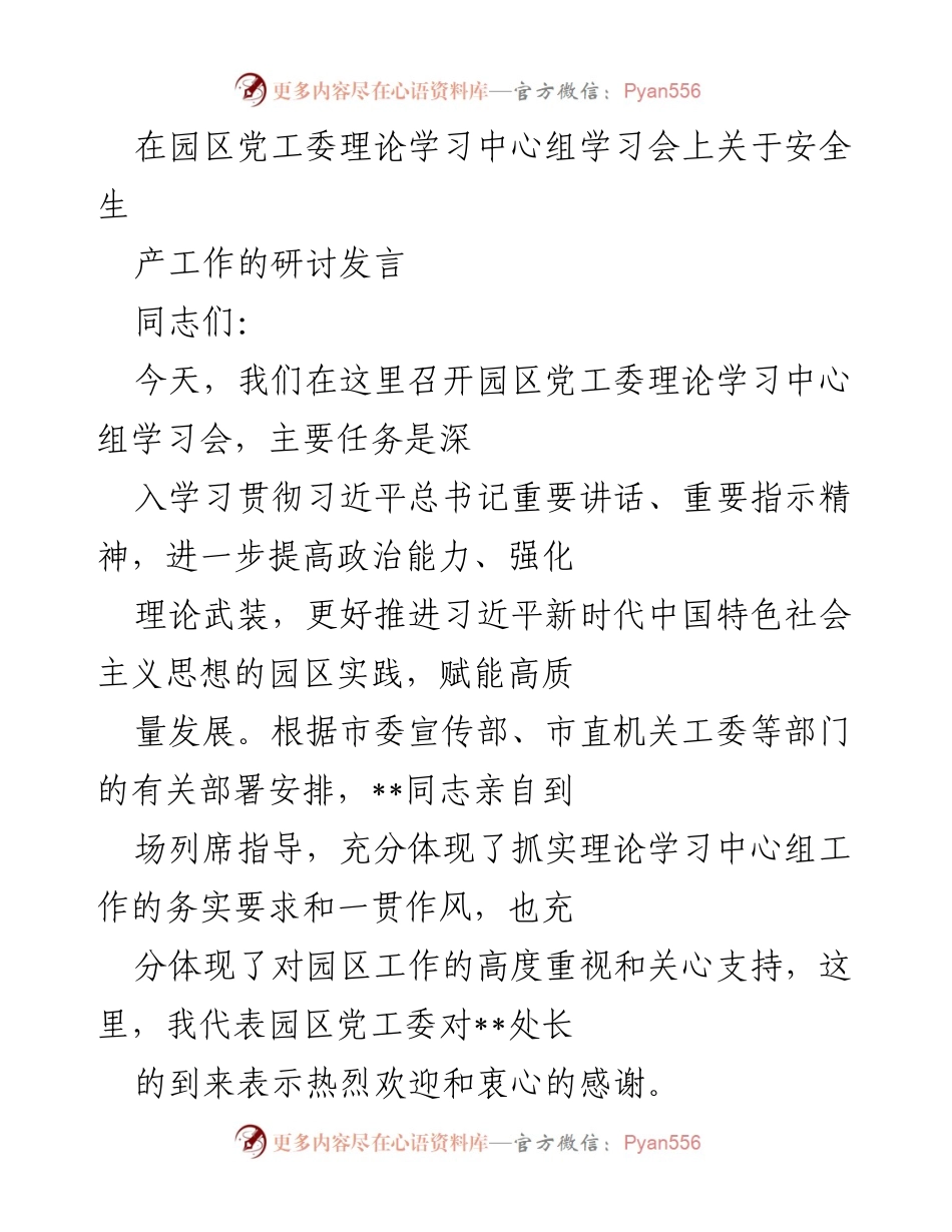 [发言] 园区党工委理论学习中心组学习会 - 深入学习习近平总书记关于安全生产的重要论述.docx_第1页