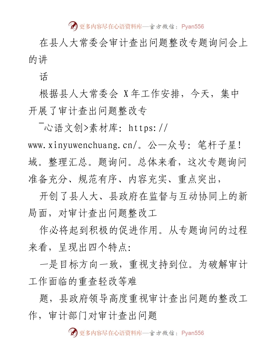 [发言] 县人大常委会审计查出问题整改专题询问会 - 审计整改专题询问的成效与经验分享.docx_第1页