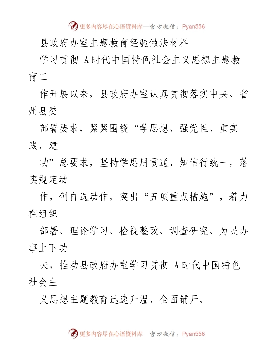 [发言] 县政府办室主题教育工作会议 - 县政府办室学习贯彻A时代中国特色社会主义思想主题教育经验分享.docx_第1页