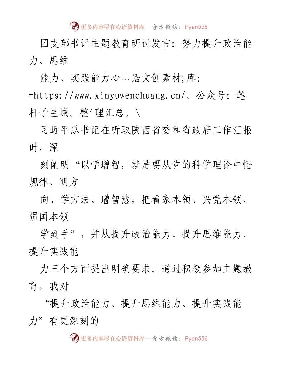 [发言] 团支部主题教育研讨 - 提升政治、思维与实践能力的路径探讨.docx_第1页