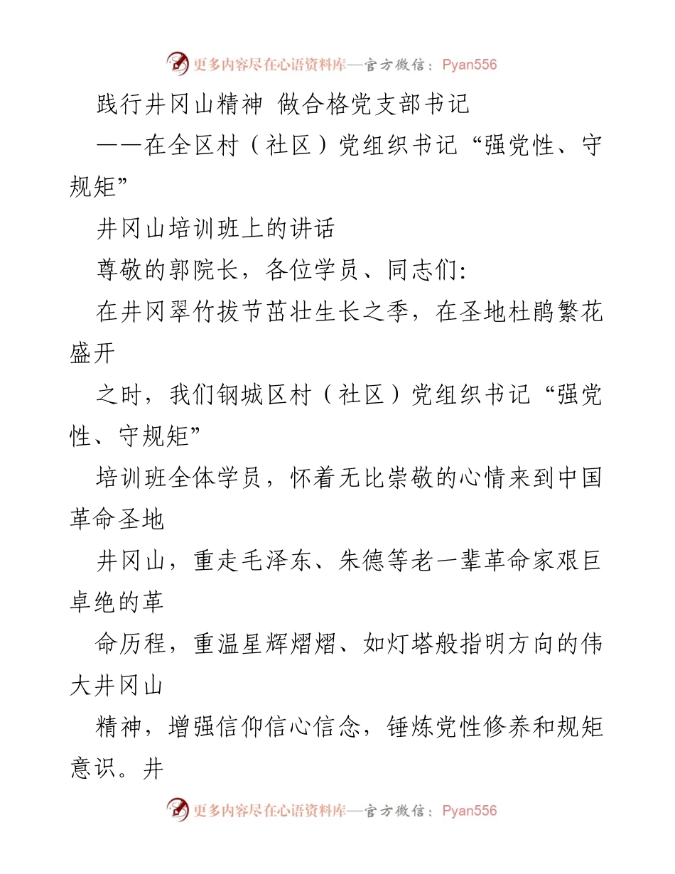 [发言] 培训班 - 践行井冈山精神，提升党支部书记素质.docx_第1页