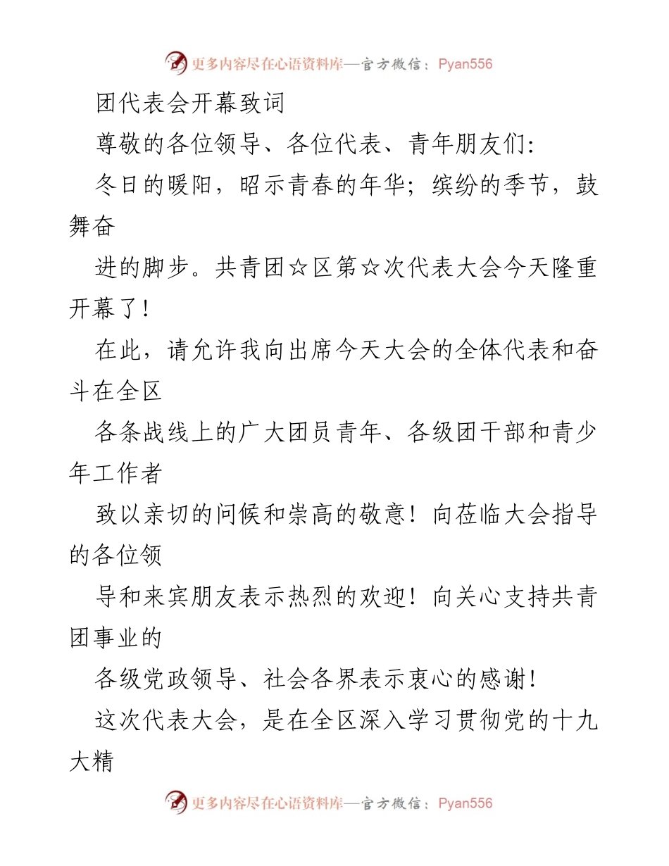 [发言] 团代表会 - 团代表大会开幕致辞.docx_第1页