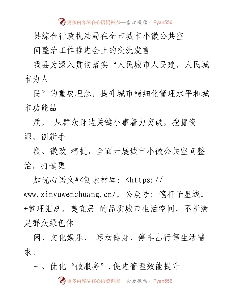 [发言] 城市小微公共空间整治工作推进会 - 提升城市管理效能，推动小微公共空间整治新模式.docx_第1页