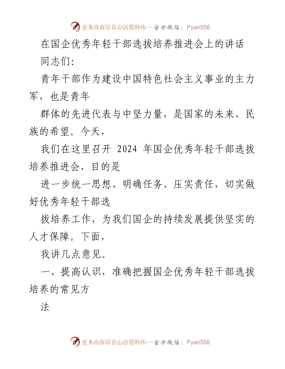 [发言] 国企优秀年轻干部选拔培养推进会 - 加强国企年轻干部选拔培养，助力企业发展.docx_第1页