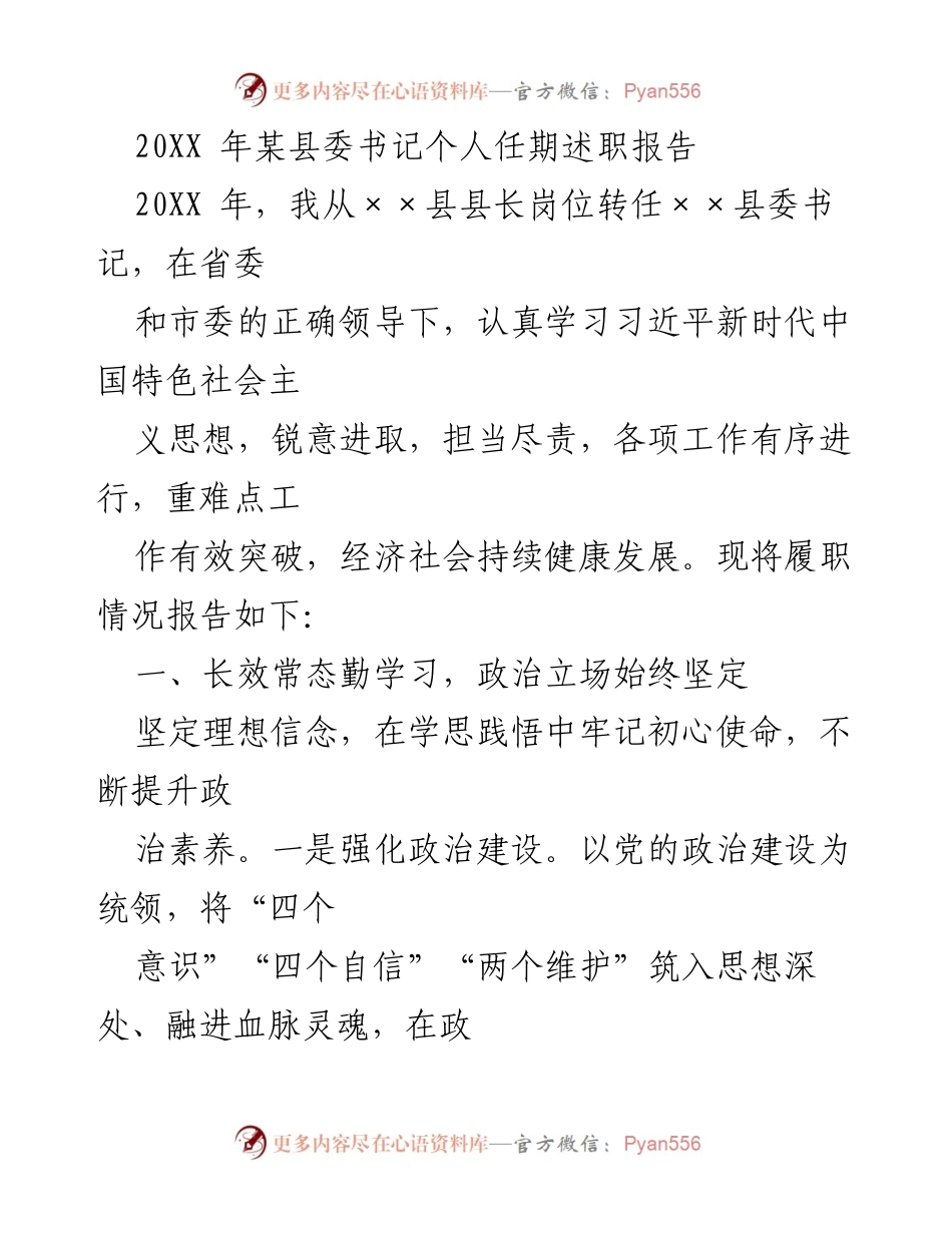 [发言] 县委书记述职 - 2023年某县委书记任期述职报告概述.docx_第1页