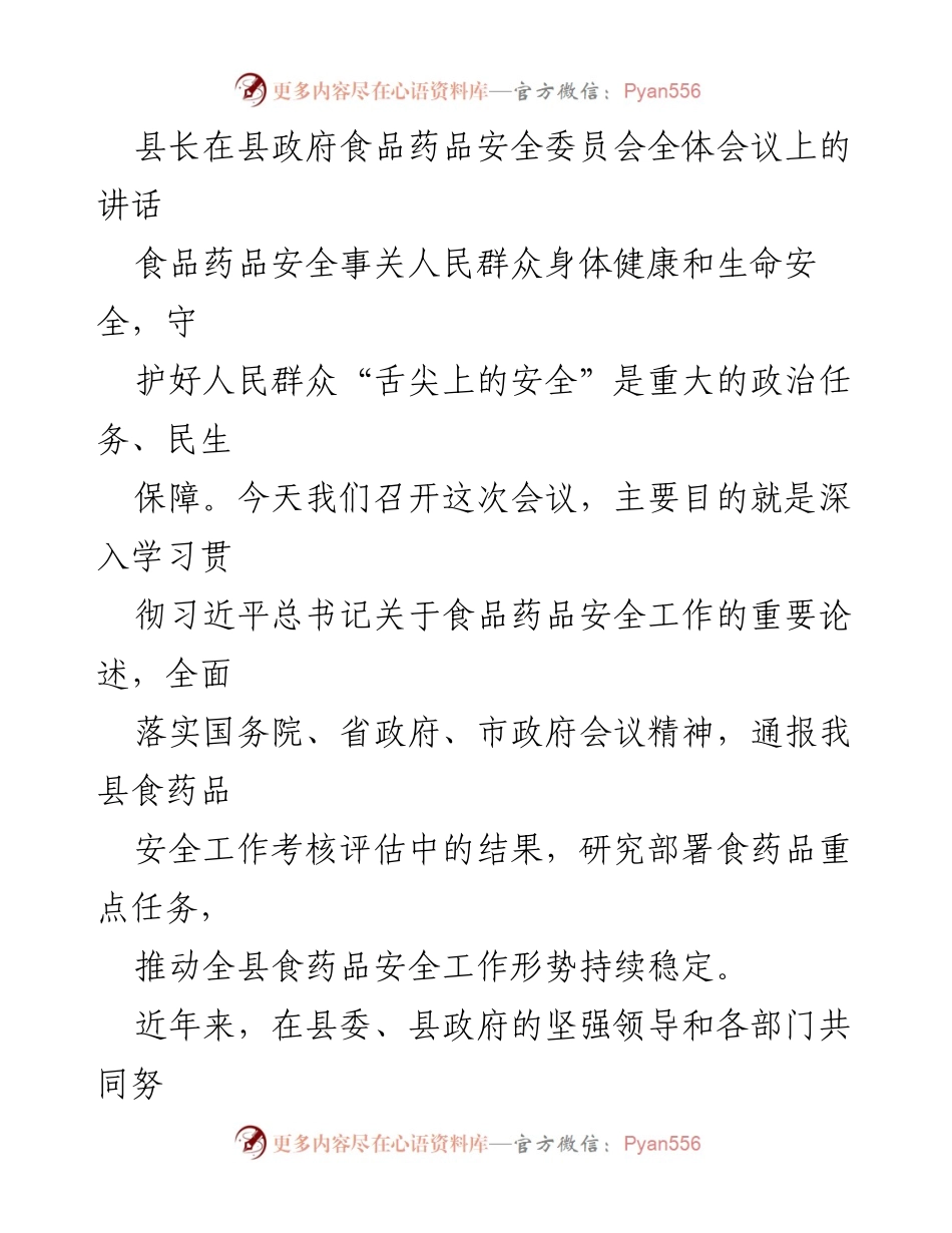 [发言] 县政府食品药品安全委员会全体会议 - 加强食品药品安全工作，守护人民“舌尖上的安全”.docx_第1页
