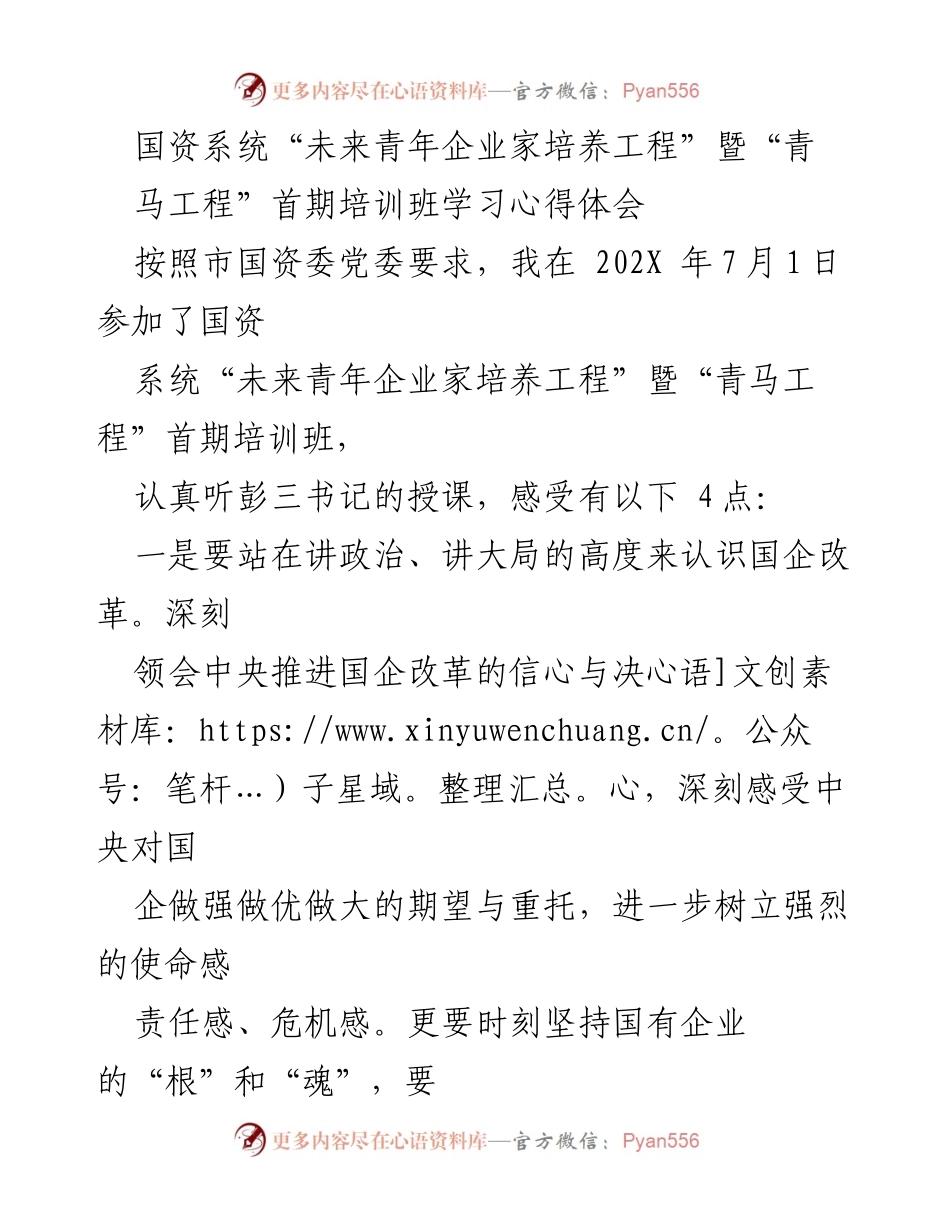 [发言] 培训班 - 国资系统青年企业家培训班学习心得体会.docx_第1页
