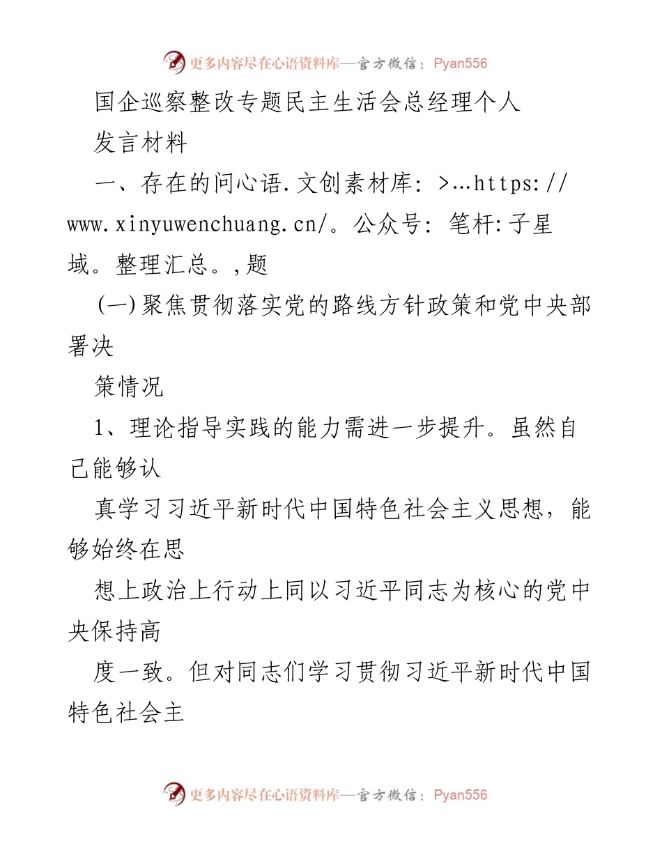 [发言] 国企巡察整改专题民主生活会 - 总经理发言材料：聚焦问题与整改措施.docx_第1页