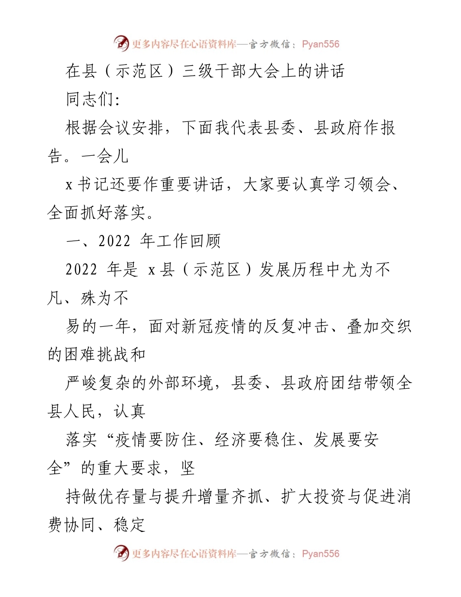 [发言] 县（示范区）三级干部大会 - 2022年工作总结与发展展望.docx_第1页