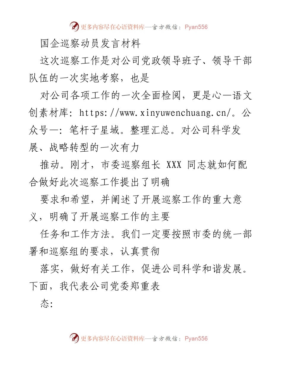 [发言] 国企巡察动员 - 加强监督，推动发展：国企巡察动员发言材料.docx_第1页