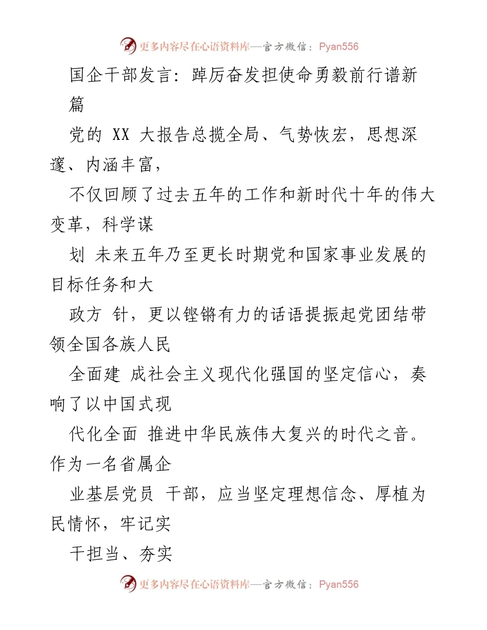 [发言] 国企干部大会 - 坚定信念、勇毅前行：在党的XX大精神指引下的使命担当.docx_第1页