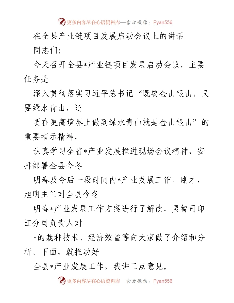 [发言] 启动会议 - 全县产业链项目发展启动会议讲话.docx_第1页