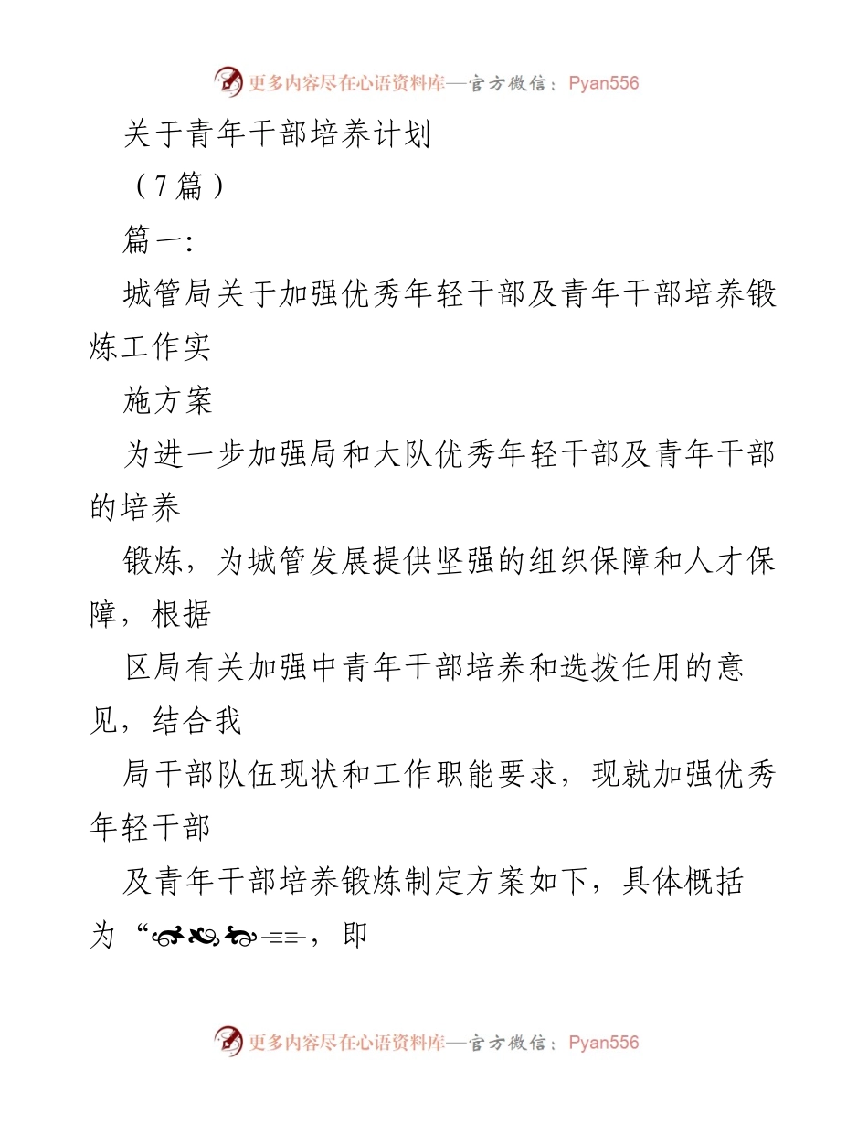 [发言] 城管局干部培养会议 - 加强青年干部培养锻炼工作的实施方案.docx_第1页