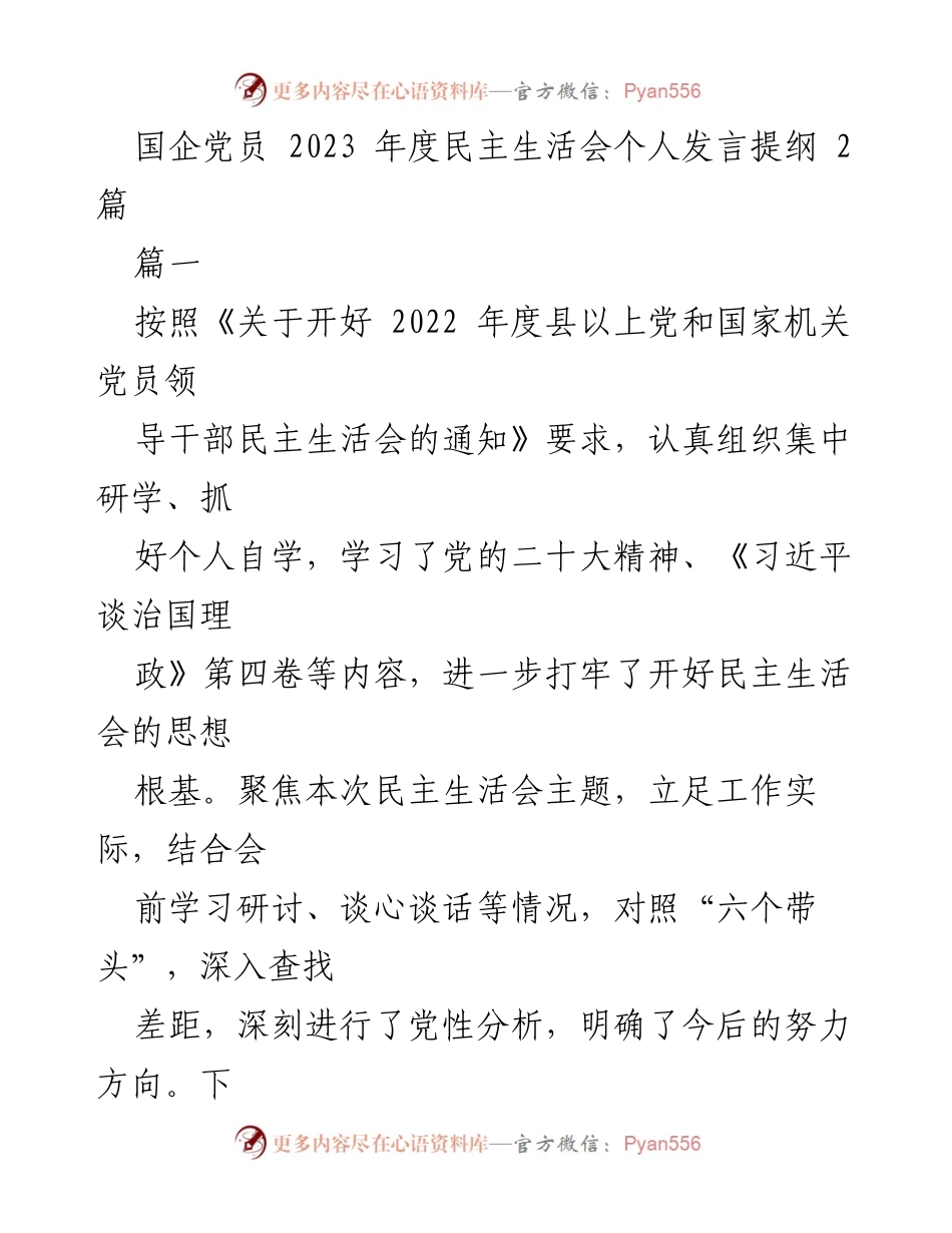 [发言] 国企党员年度民主生活会 - 2023年度民主生活会个人发言提纲分析与反思.docx_第1页