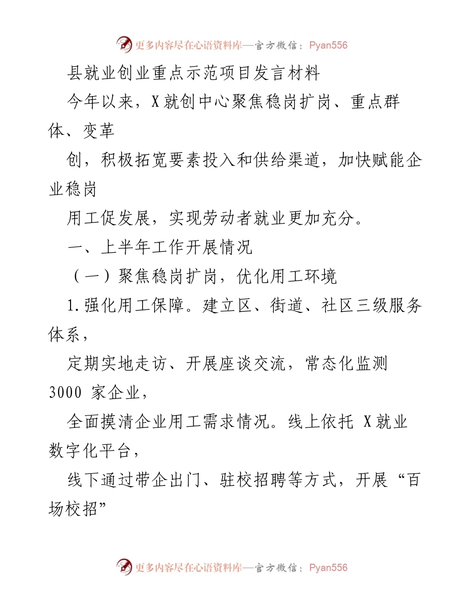 [发言] 县就业创业重点示范项目 - 促进就业稳岗扩岗的创新实践.docx_第1页