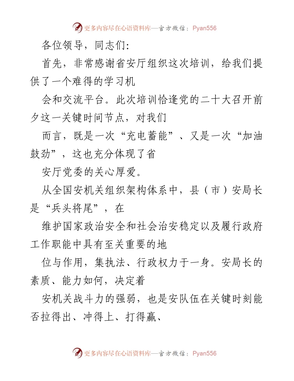 [发言] 培训会议 - 安局长的定位与职责探讨.docx_第1页