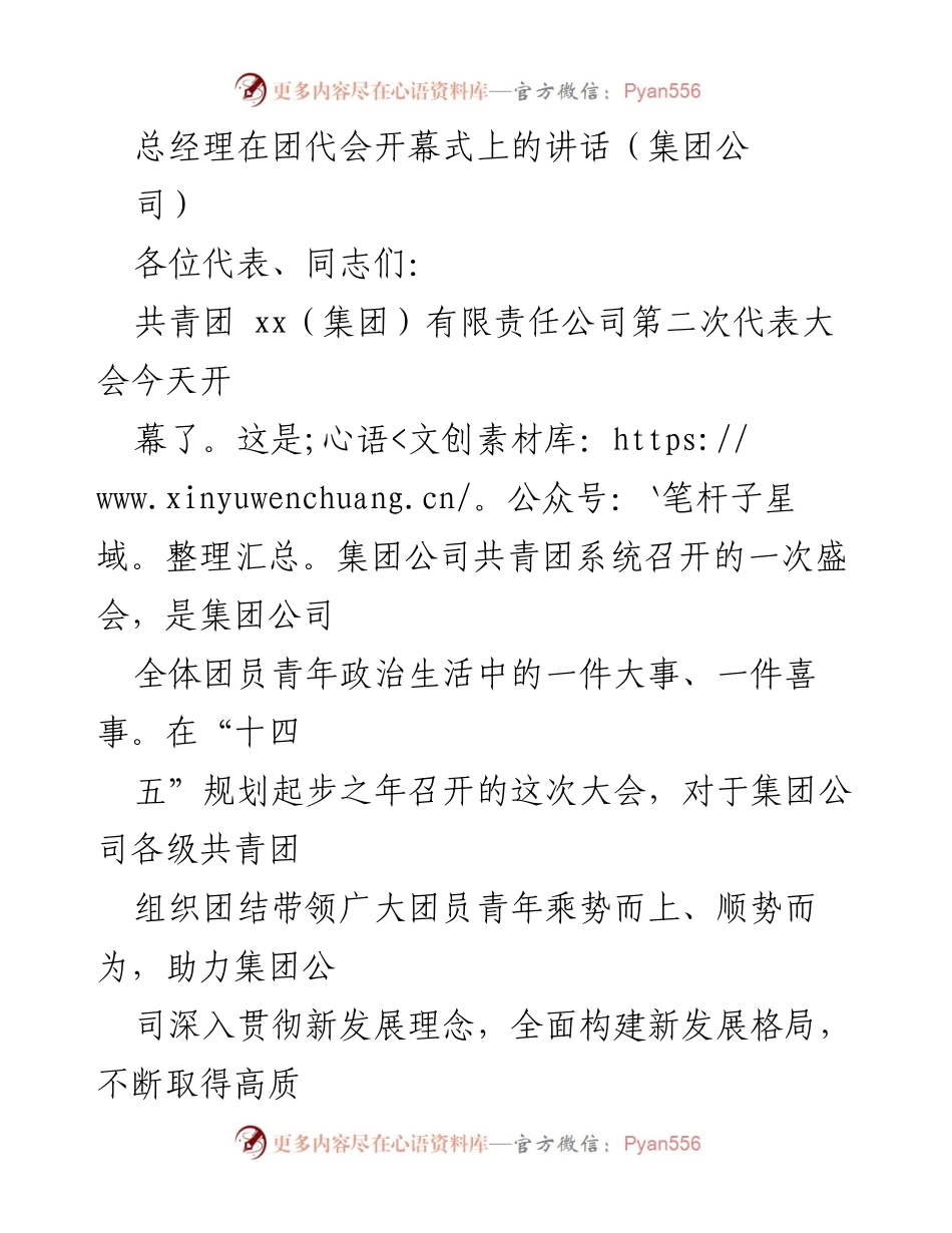 [发言] 团代会开幕式 - 总经理在共青团第二次代表大会上的讲话.docx_第1页