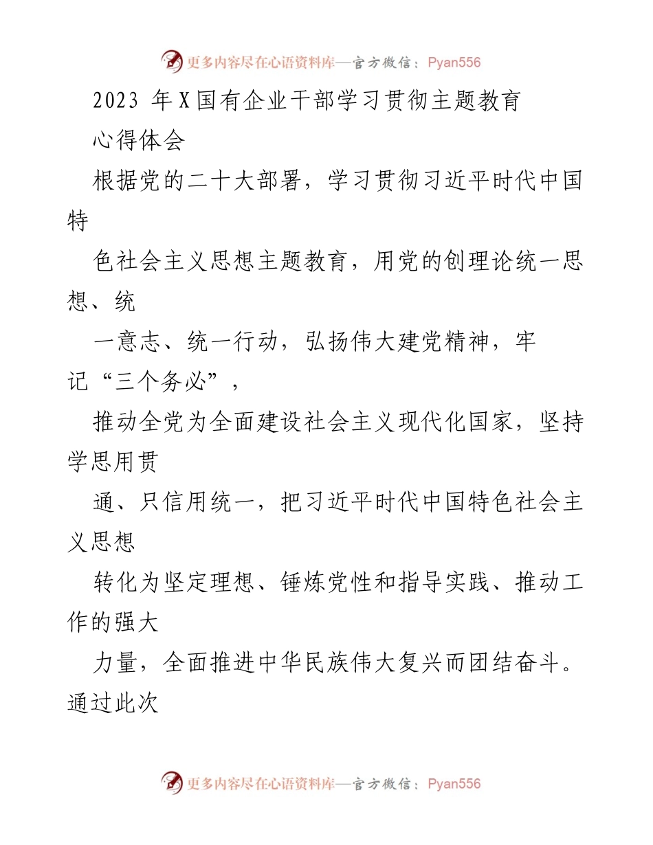 [发言] 国有企业干部学习贯彻主题教育 - 深化理论学习，推动新时代中国特色社会主义思想的实践应用.docx_第1页
