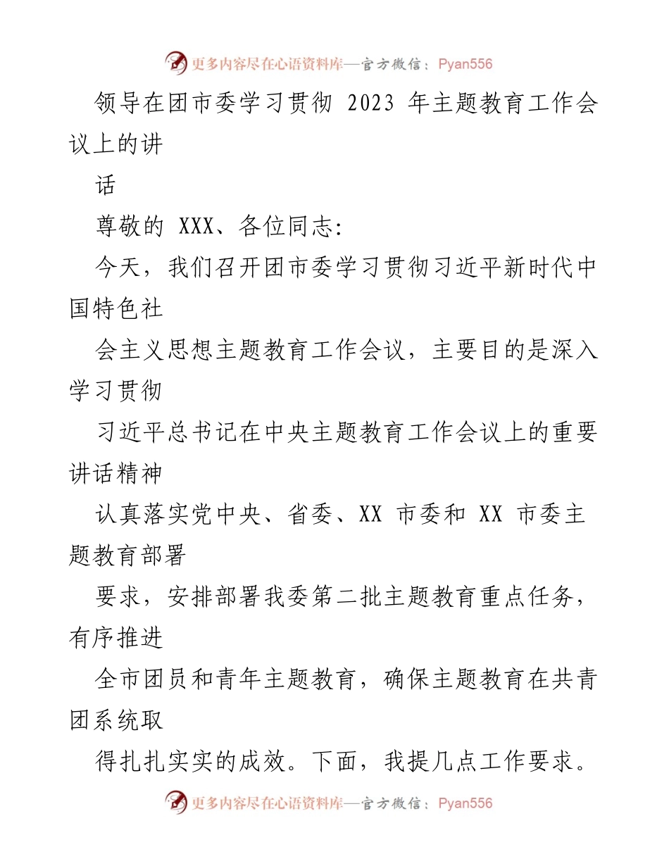 [发言] 团市委学习贯彻会议 - 深入推进团员青年主题教育的工作要求.docx_第1页