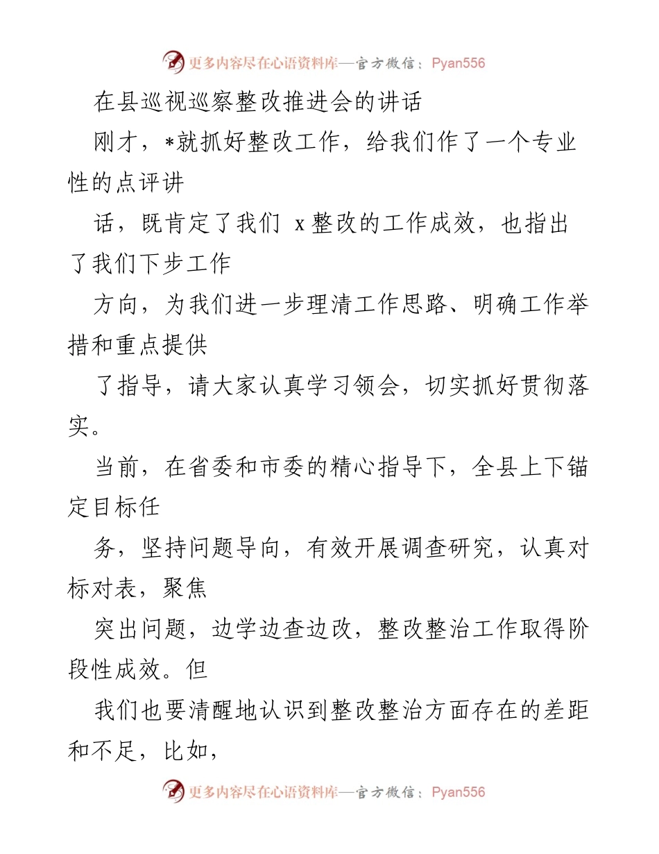 [发言] 县巡视巡察整改推进会 - 加强整改落实，推动高质量发展.docx_第1页