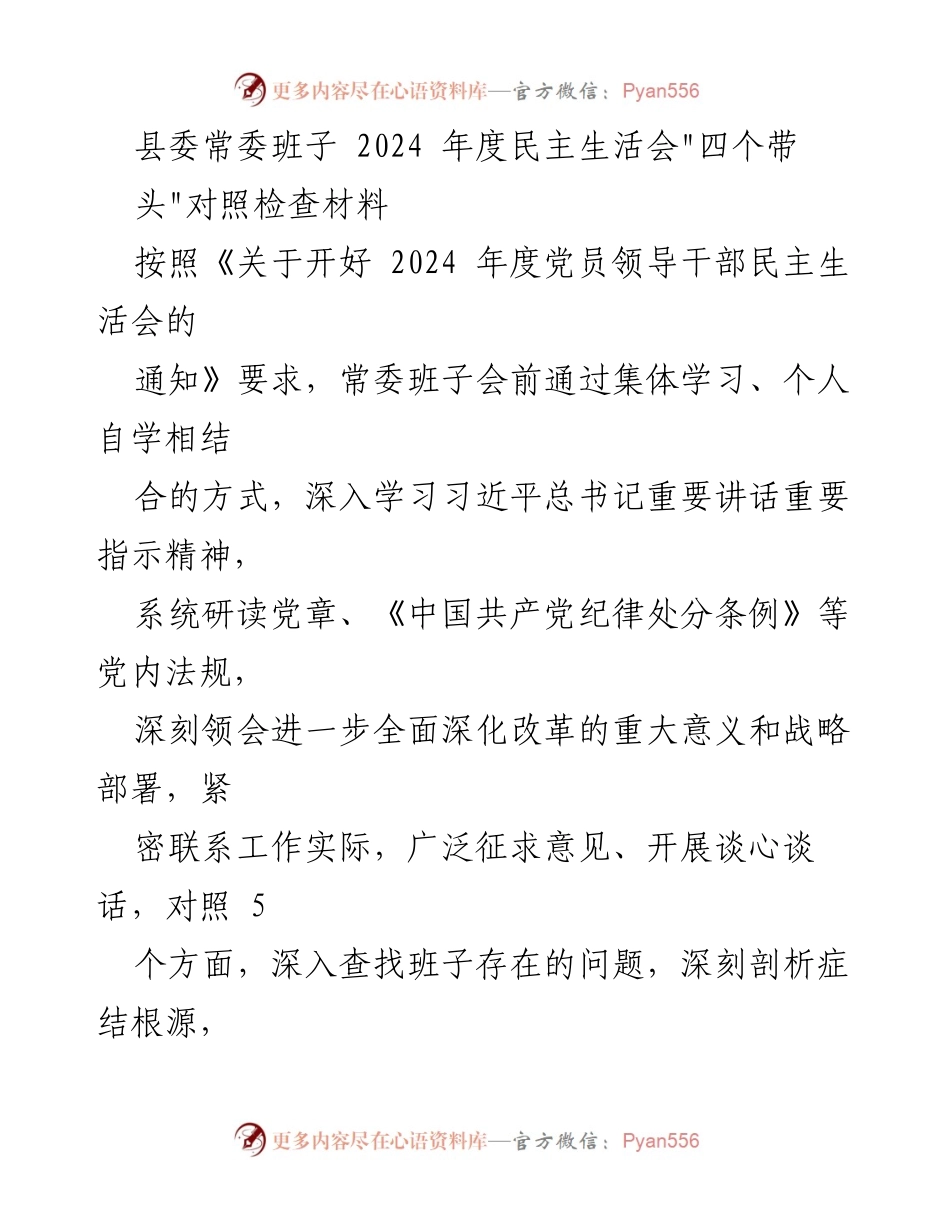 [发言] 县委常委班子 2024 年度民主生活会 - _四个带头_对照检查与整改措施总结.docx_第1页