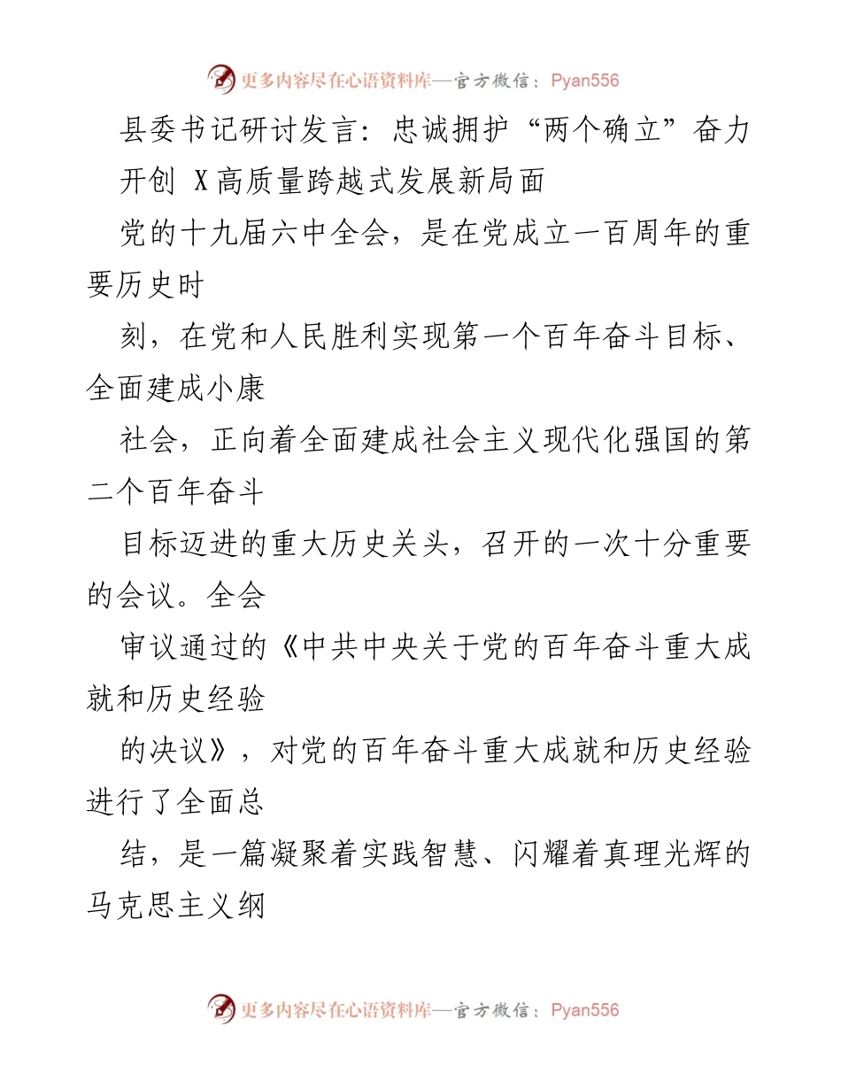 [发言] 县委书记研讨会 - 忠诚拥护“两个确立”推动X县高质量跨越式发展.docx_第1页
